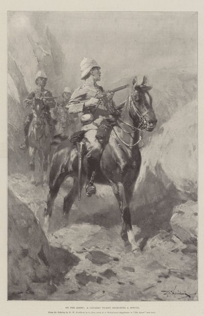 Op de Uitkijk, een Cavalerie Piket dat een Spruit Doorzoekt door Hermanus Willem Koekkoek